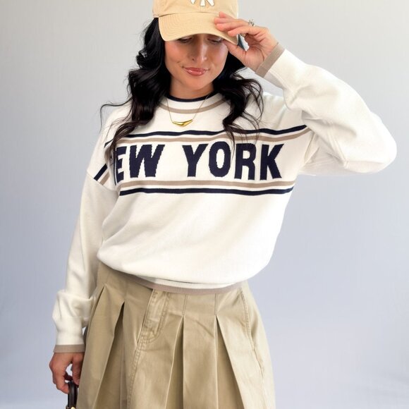 Women’s New York Varsity Knit Sweater – Ivory & Navy - Picture 3 of 10